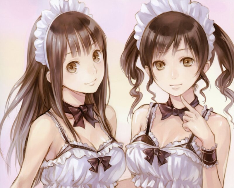 Two Girls in Maid Outfits — White, Cheerful, Anime