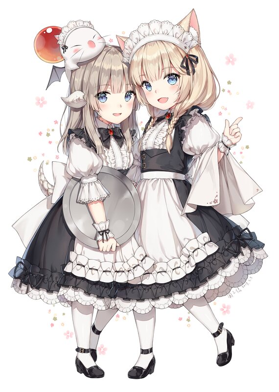 Two Girls in Maid Outfits — White, Cheerful, Spring