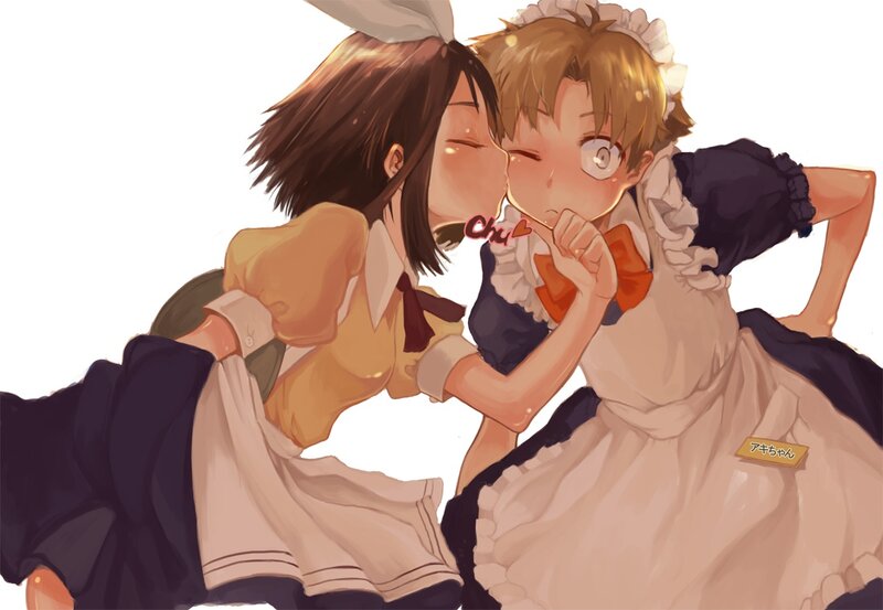 Two Girls in Maid Outfits — White, Playful, Anime, Maid Outfits, Kissing