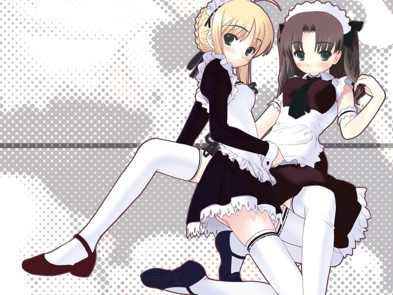 Two Girls in Maid Outfits — White, Playful, Anime, Maid Uniforms, White Stockings