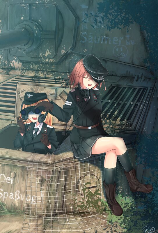 Two Girls in Military Uniforms — Green