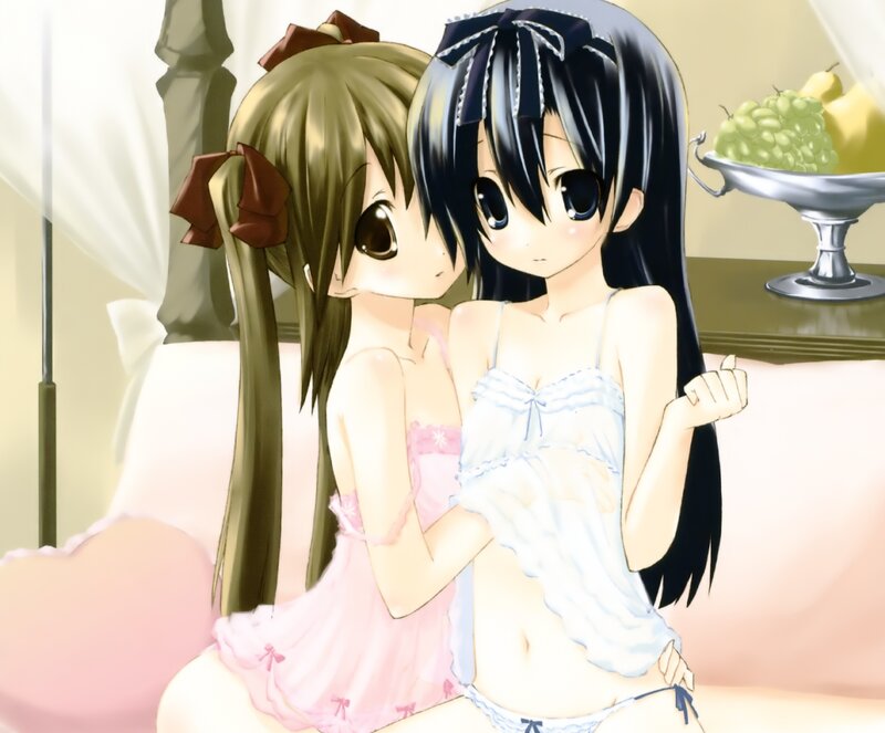 Two Girls in Pajamas — Pink, Calm, Anime, Bed, Fruit Bowl