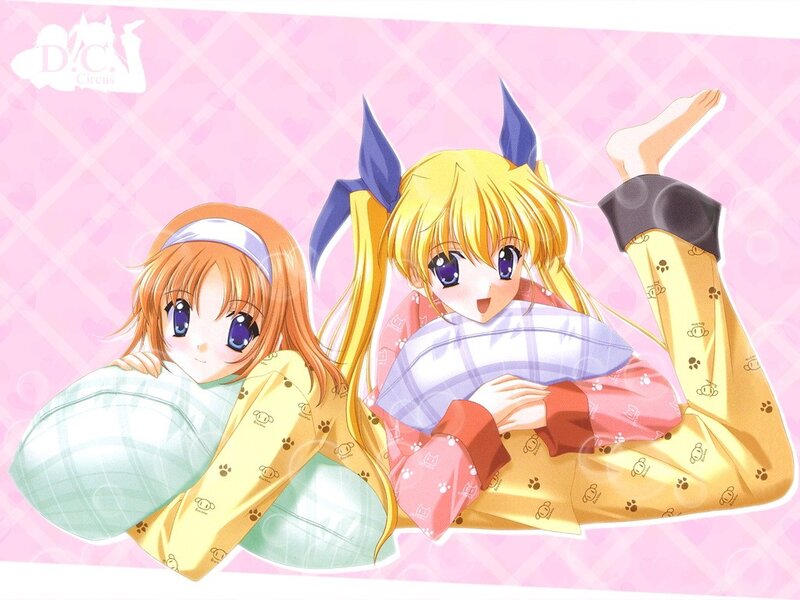 Two Girls in Pajamas — Pink, Playful, Anime, Pillows