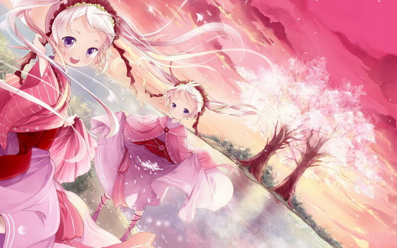 Two Girls in Pink Dresses — Dreamy, Spring, Anime