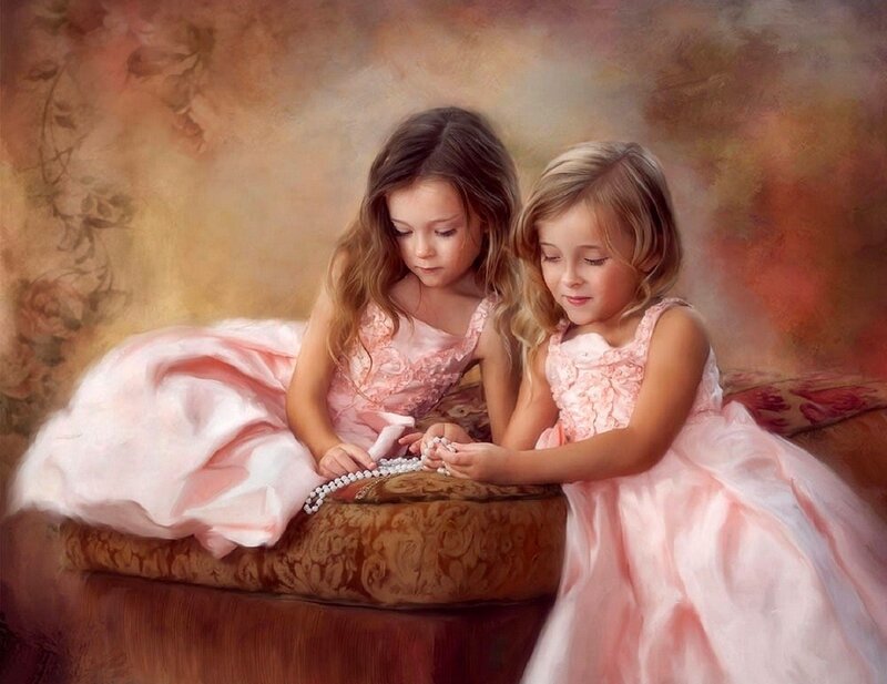 Two Girls in Pink Dresses — Serene, Painting
