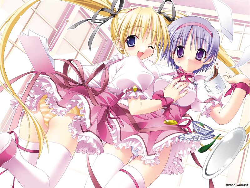 Two girls in pink maid outfits