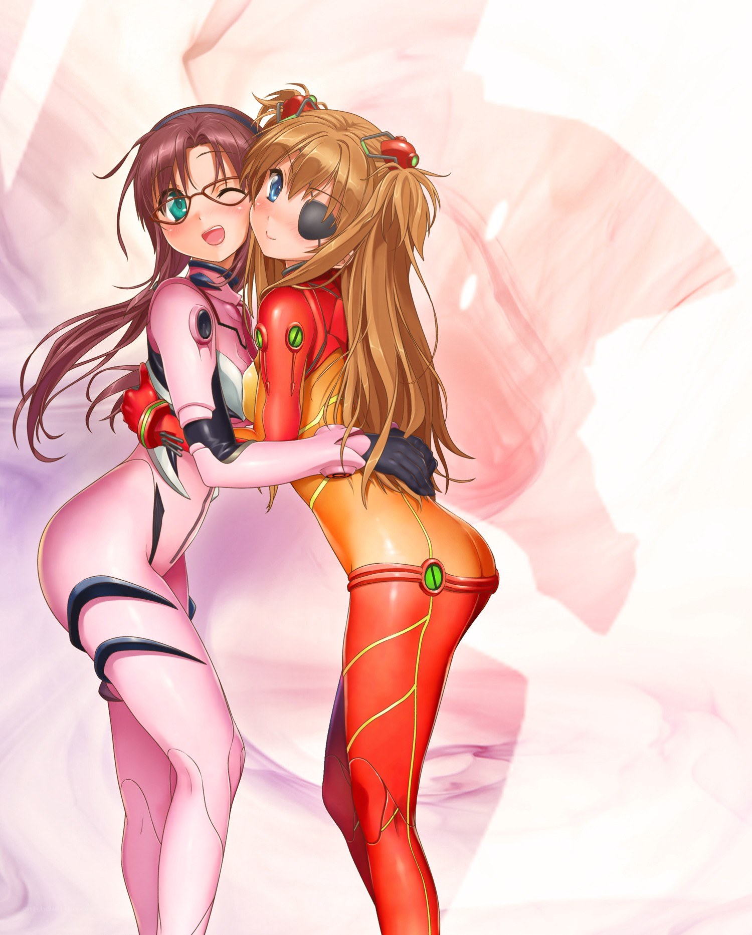 Two girls in plugsuits hugging