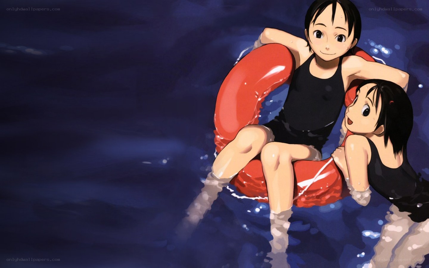 two girls in pool with float