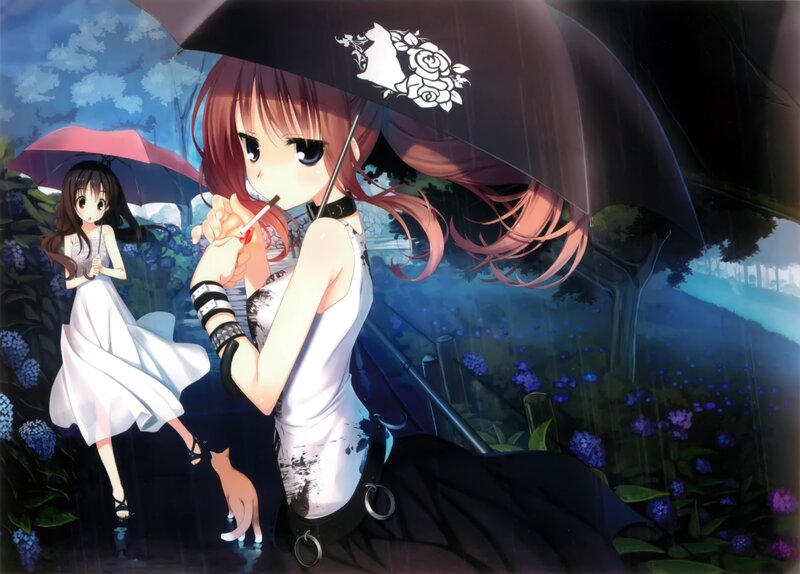 Two Girls in Rain — Blue, Dramatic, Night, Anime