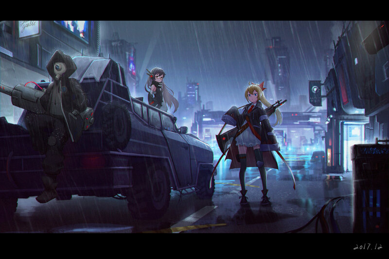 Two Girls in Rain — Blue, Dramatic, Night, Digital Art
