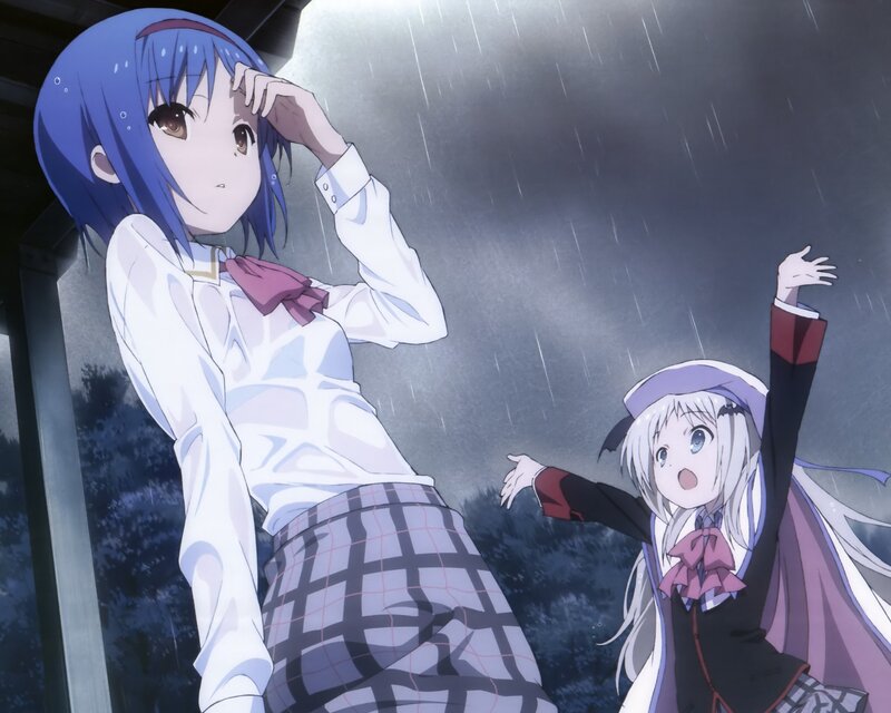 Two Girls in Rain — Blue, Dramatic