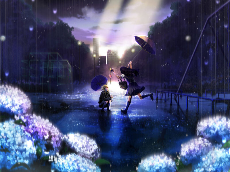 Two Girls in Rain — Blue, Dreamy