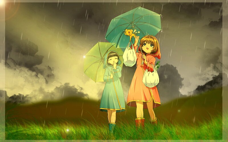 Two Girls in Rain — Green, Dramatic