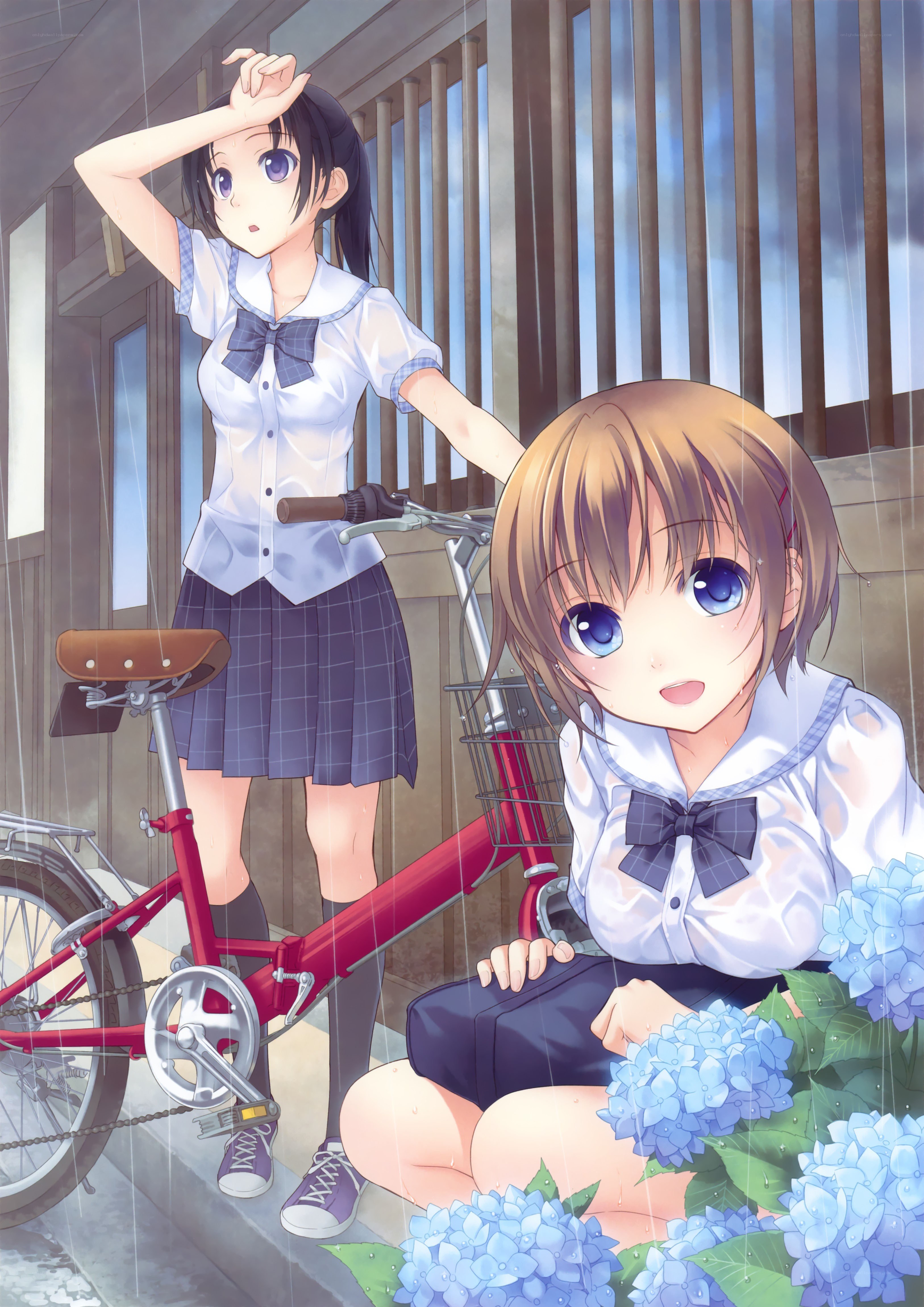 Two girls in rain with hydrangeas