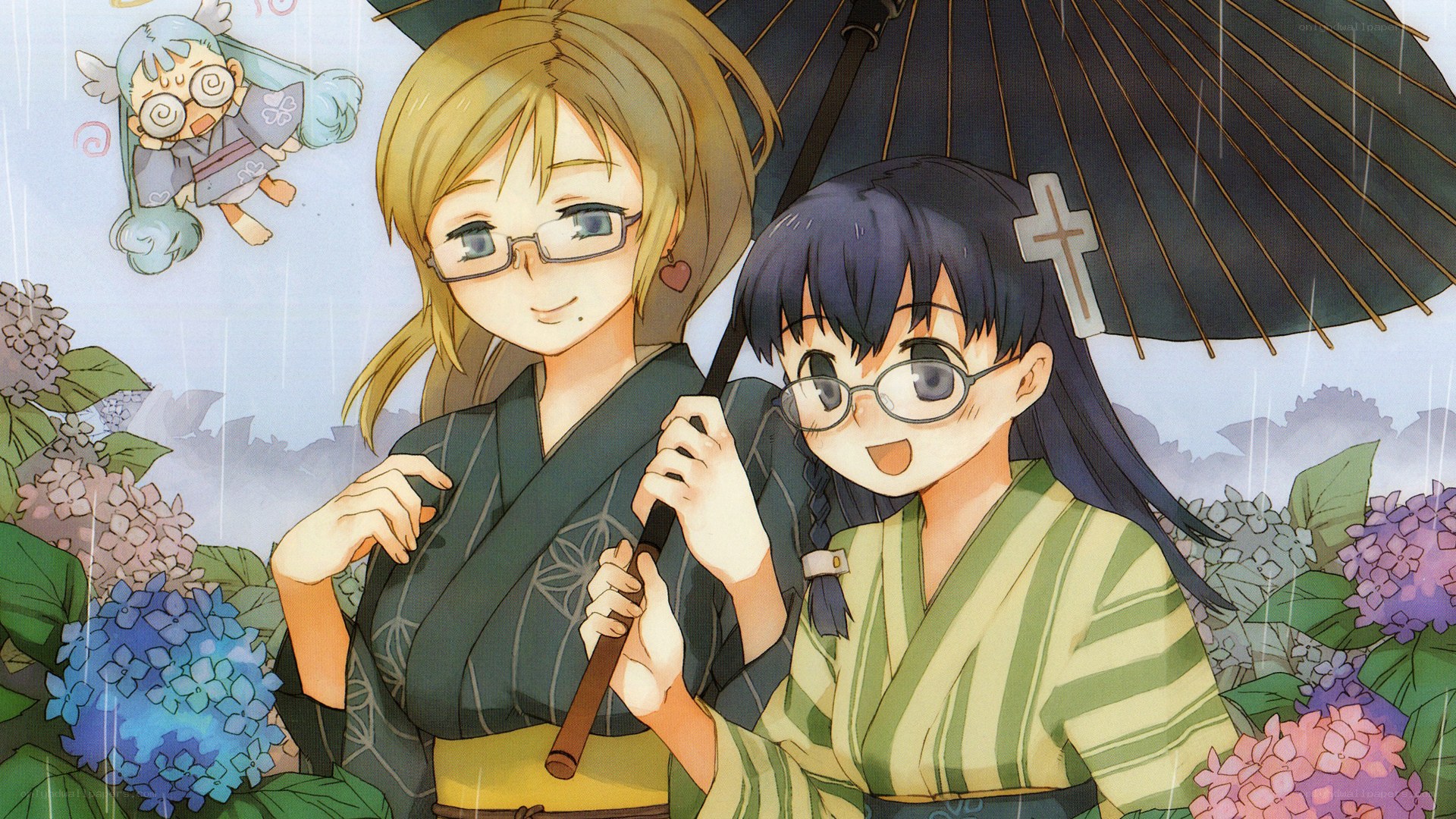 Two girls in rain with umbrella