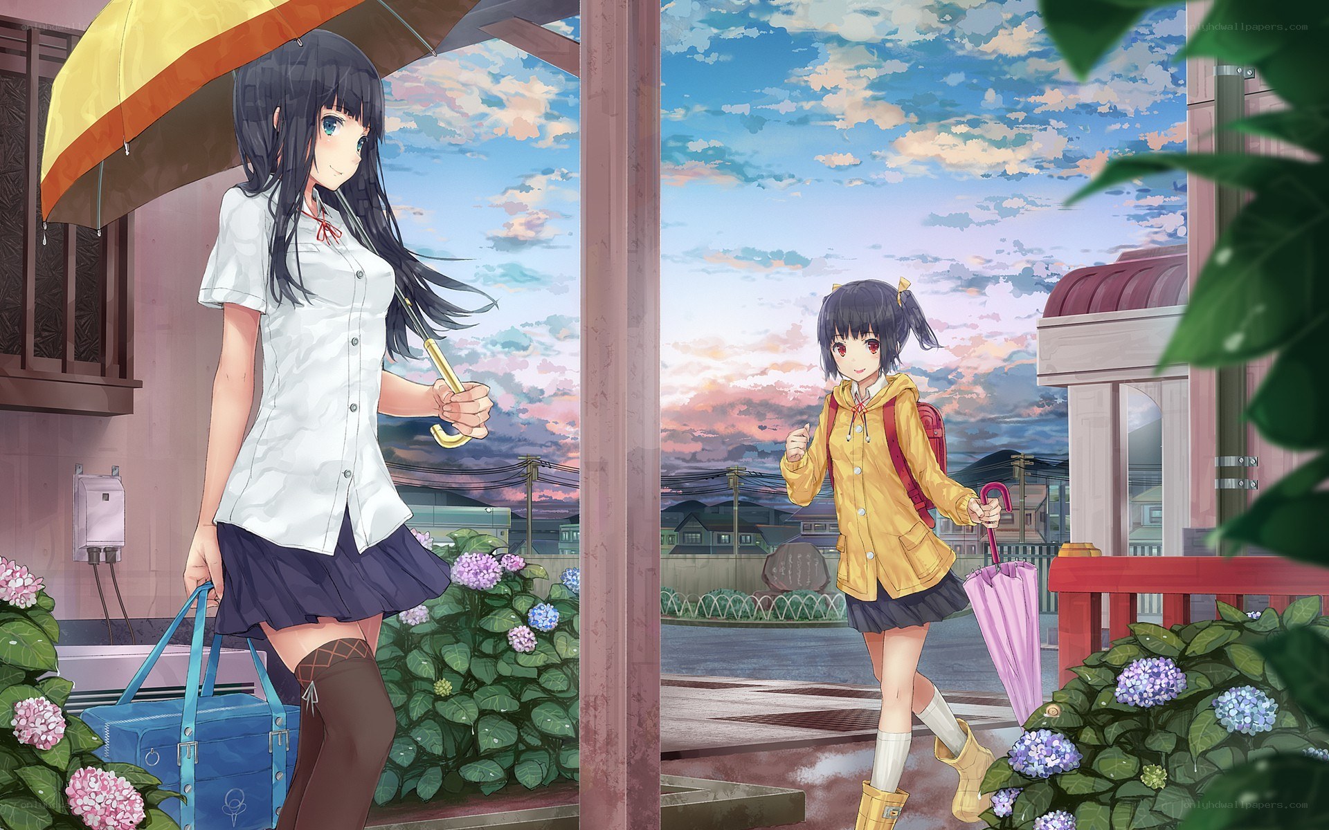 Two girls in rainy scenes