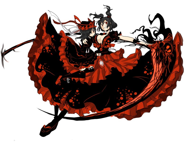two girls in red and black dresses