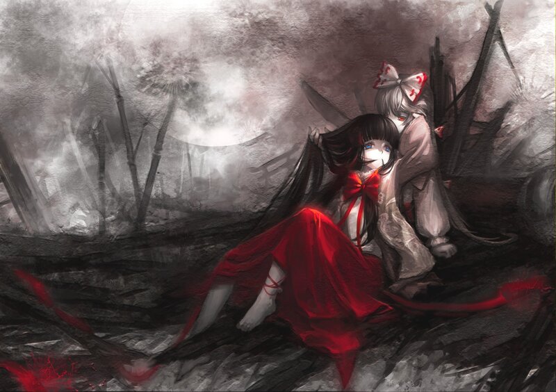 Two Girls in Red and White — Dramatic, Somber, Night, Digital Art