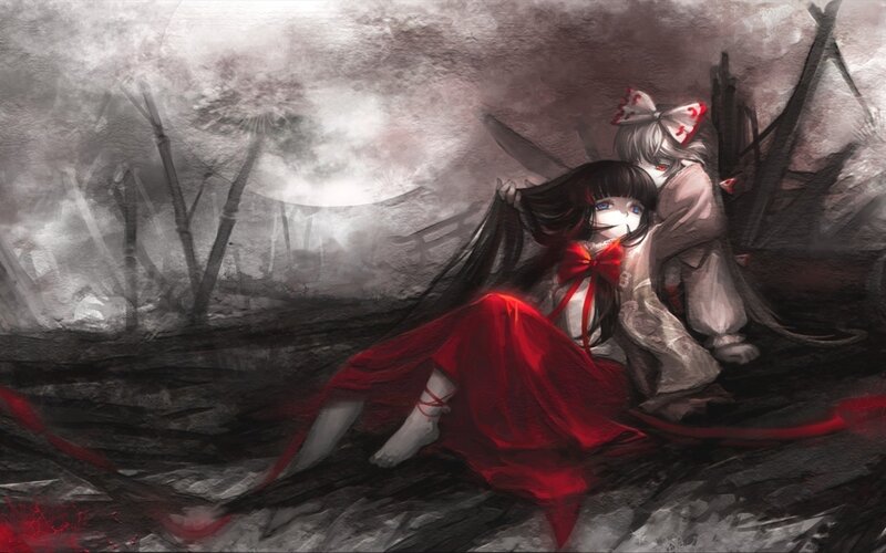 Two Girls in Red and White — Dramatic, Somber