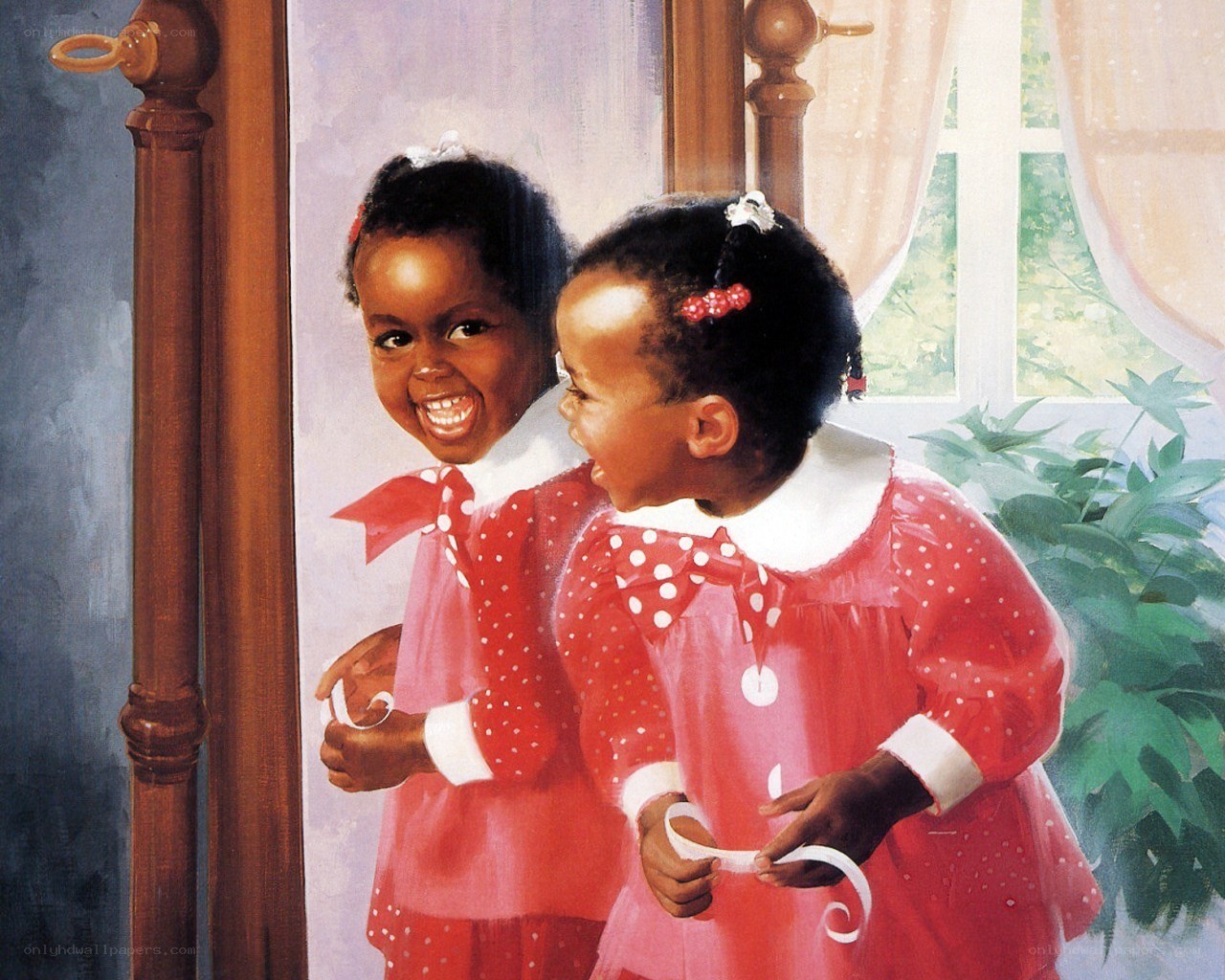 Two girls in red dresses