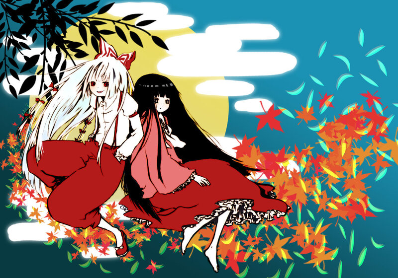 Two girls in red dresses among autumn leaves