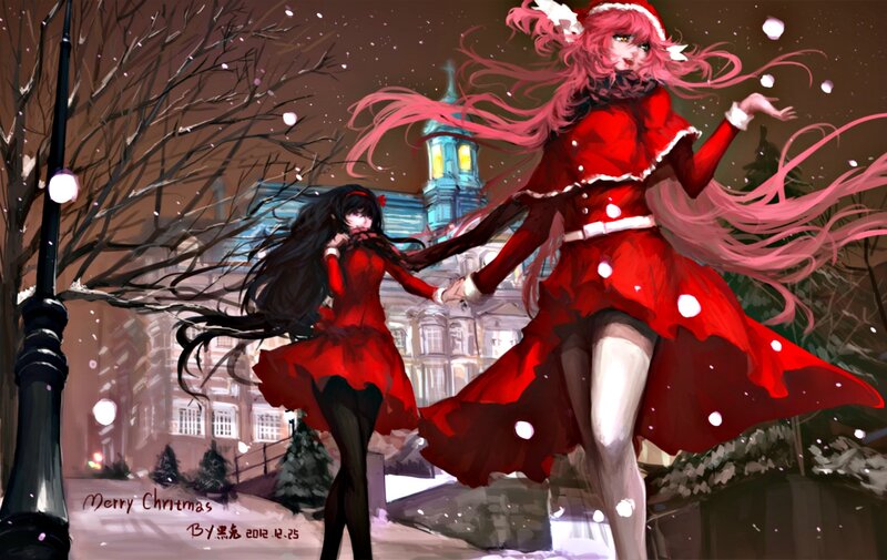 Two Girls in Red Dresses — Festive, Night