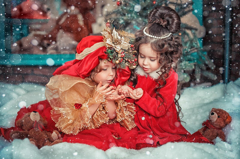 Two Girls in Red Dresses — Festive, Winter