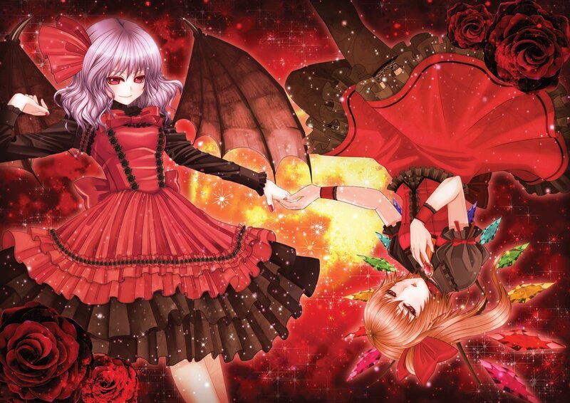 Two girls in red dresses holding hands