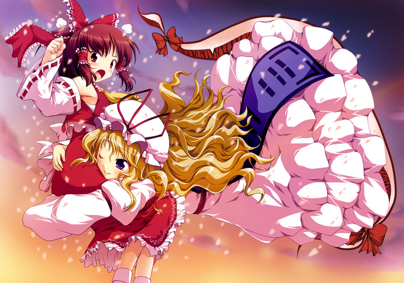 Two girls in red dresses with a giant snake