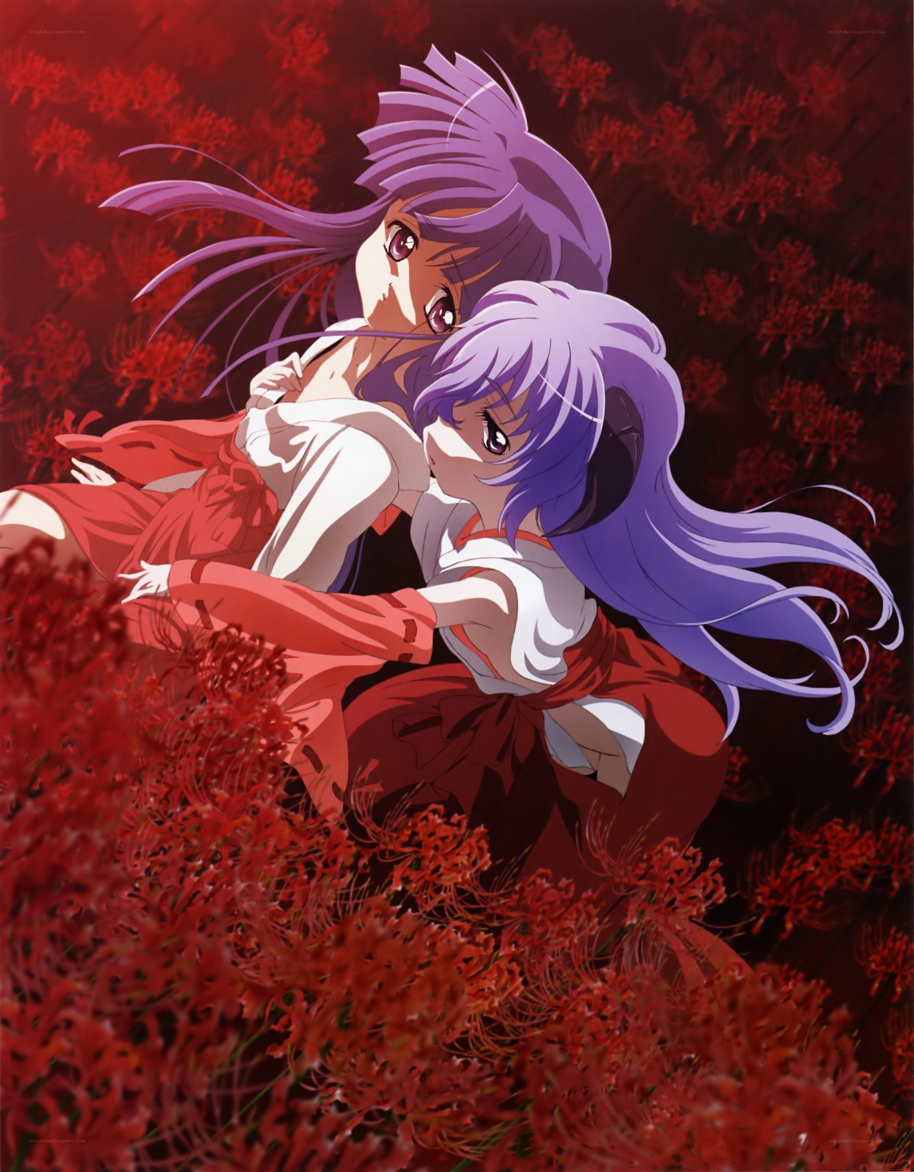 two girls in red flowers