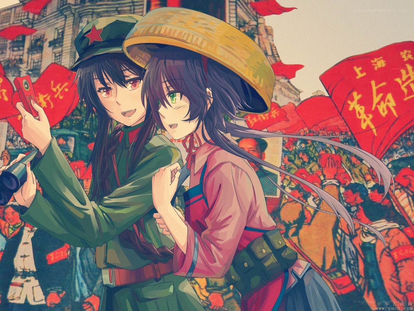 Two girls in revolutionary setting