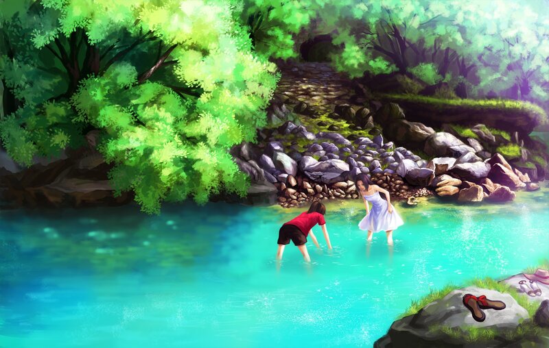 Two Girls in River — Green, Serene