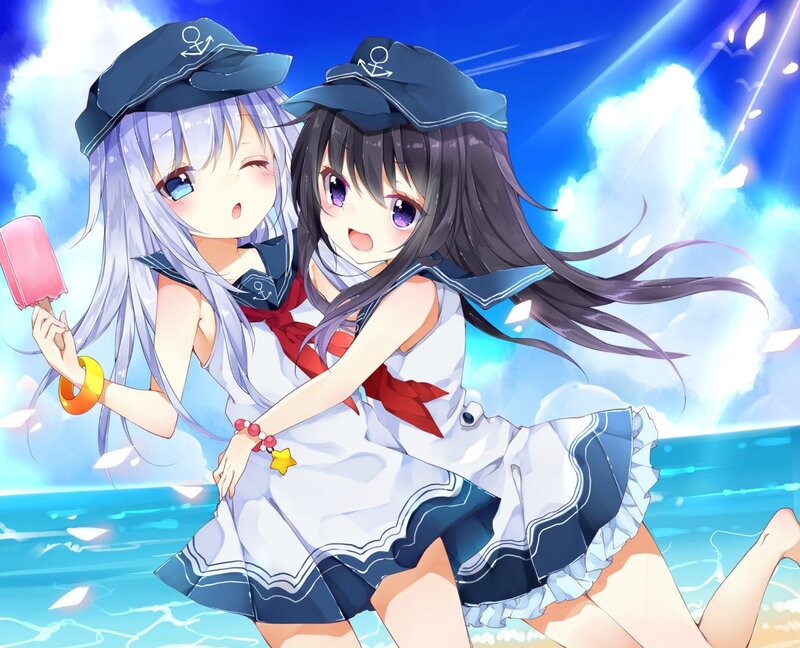 Two Girls in Sailor Uniforms — Blue, Cheerful