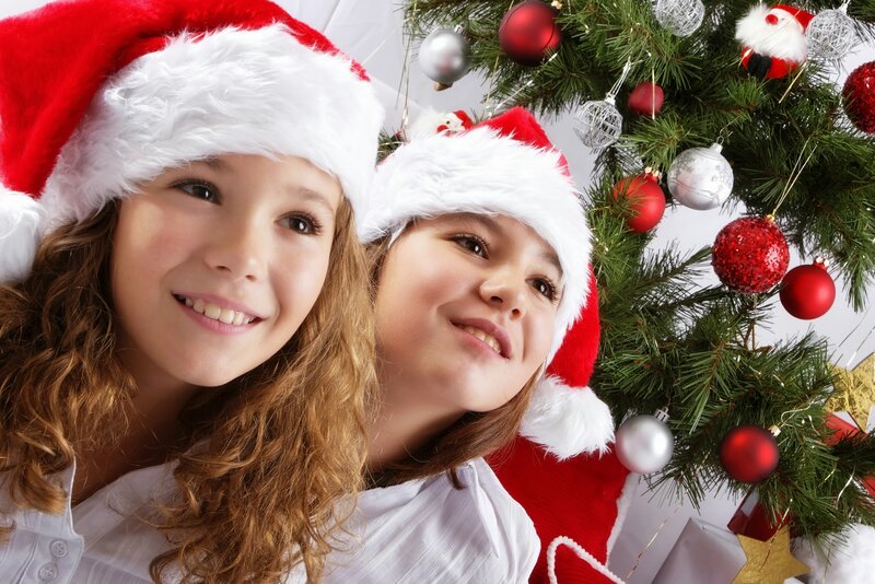Two Girls in Santa Hats — Red