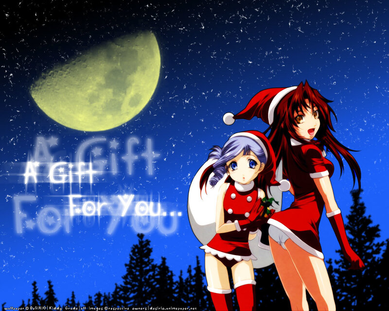 Two Girls in Santa Outfits — Blue, Festive, Night, Anime