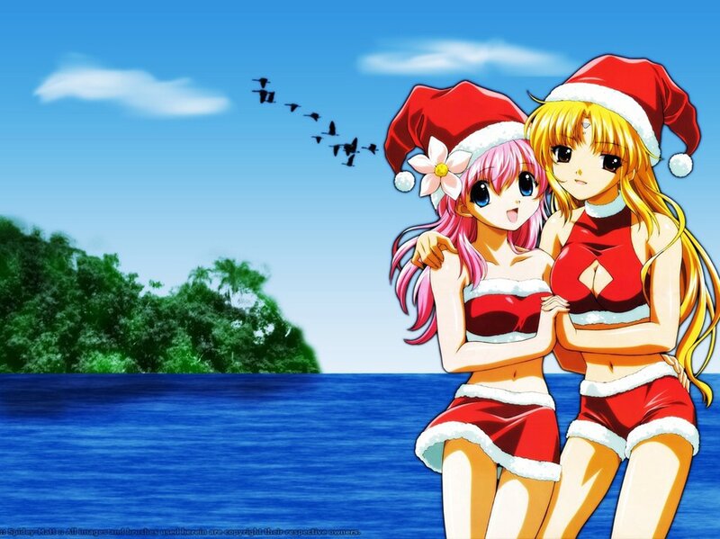 Two Girls in Santa Outfits — Blue