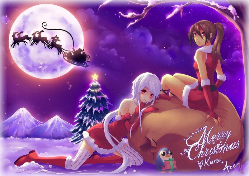 Two Girls in Santa Outfits — Purple, Festive