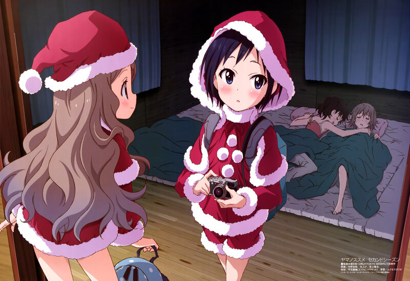 Two Girls in Santa Outfits — Red, Festive, Night, Anime, Camera