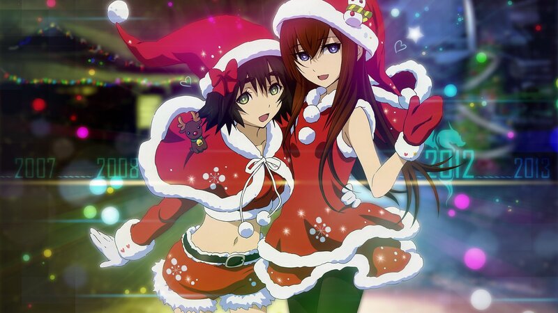 Two Girls in Santa Outfits — Red, Festive, Night, Anime, Santa Hats, Christmas Lights, Reindeer Plush