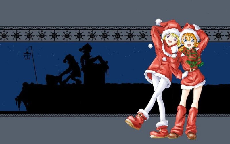Two Girls in Santa Outfits — Red, Festive, Night, Anime