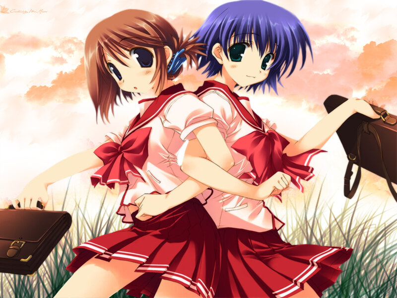 Two girls in school uniforms
