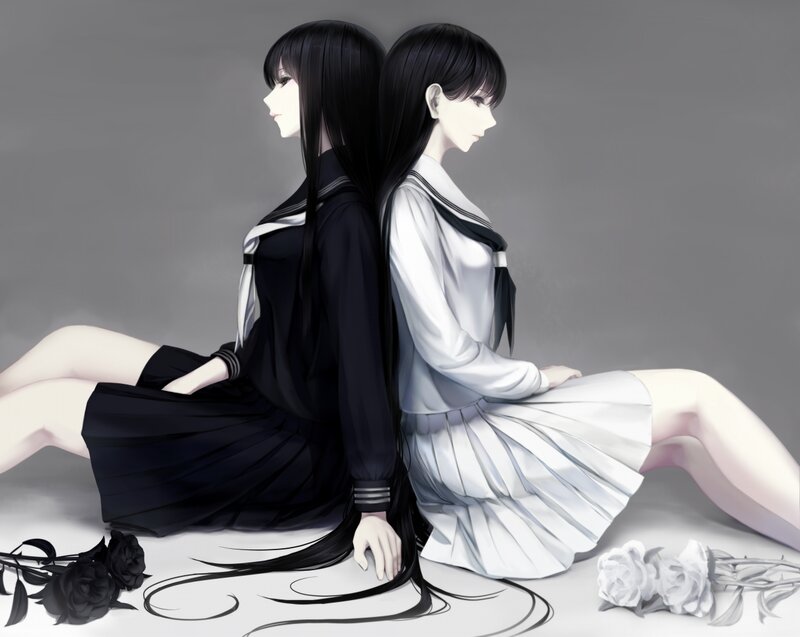 Two Girls in School Uniforms — Black, Somber