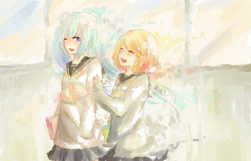 Two Girls in School Uniforms — Blue, Calm, Afternoon, Digital Art