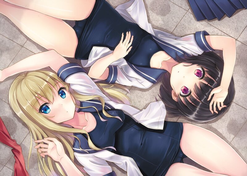 Two Girls in School Uniforms — Blue, Calm, Anime, School Uniform, Floor