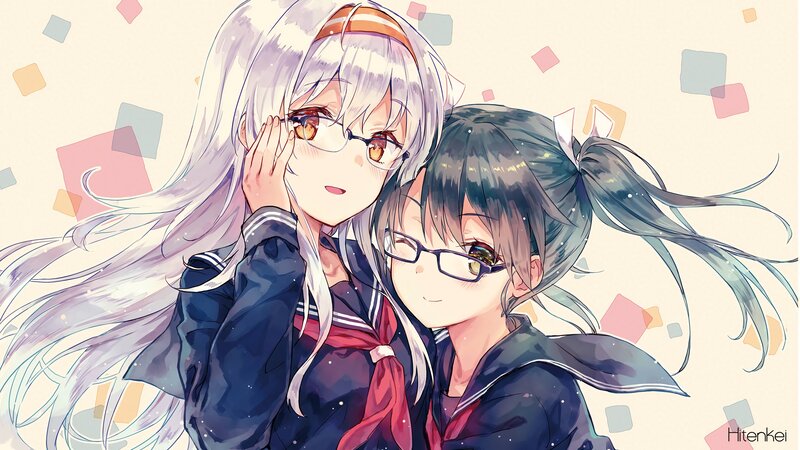 Two Girls in School Uniforms — Blue, Cheerful, Anime