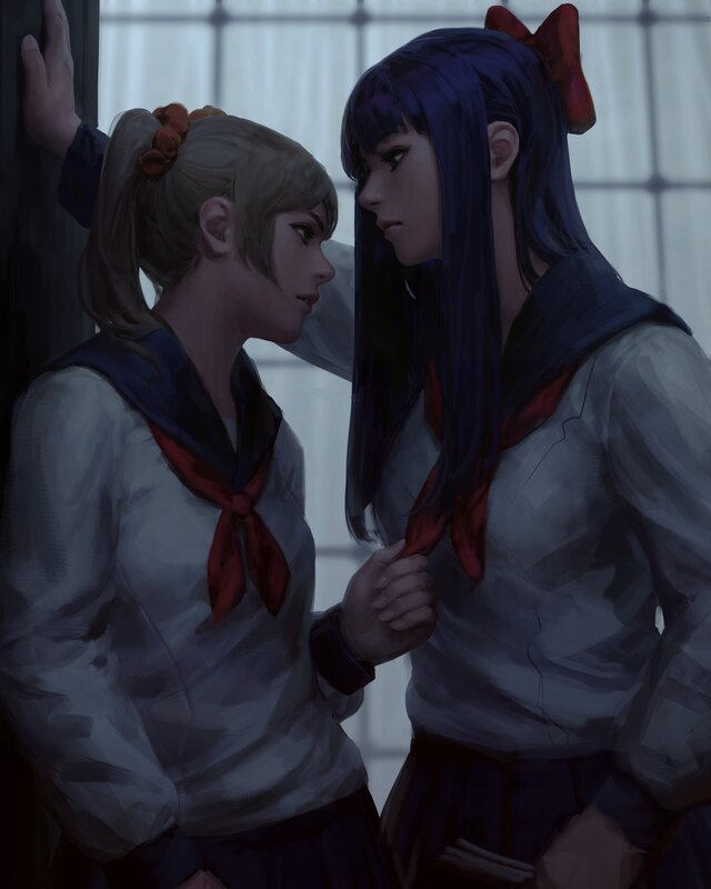 Two Girls in School Uniforms — Blue, Dramatic, Digital Art