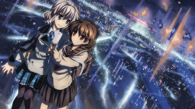 Two Girls in School Uniforms — Blue, Dramatic, Night