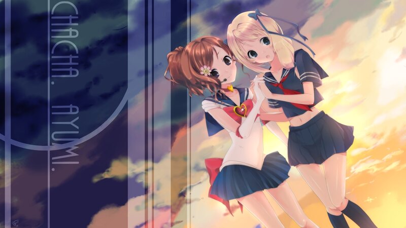 Two Girls in School Uniforms — Blue, Dramatic, Sunset