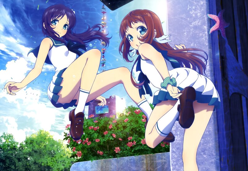 Two Girls in School Uniforms — Blue, Playful, Afternoon, Anime