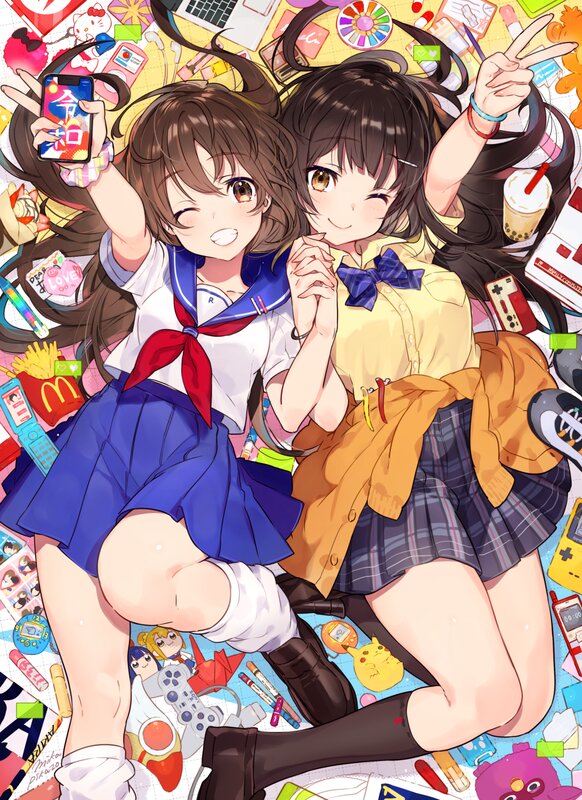 Two Girls in School Uniforms — Blue, Playful, Anime, School Uniform, Smartphone